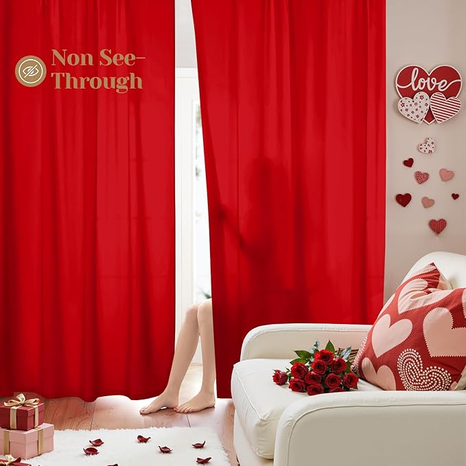 HOMEIDEAS Christmas Non-See-Through Red Privacy Sheer Curtains, 52 X 96 Inches Long 2 Panels Sheer Curtains Light Filtering Window Drapes for Bedroom Living Room