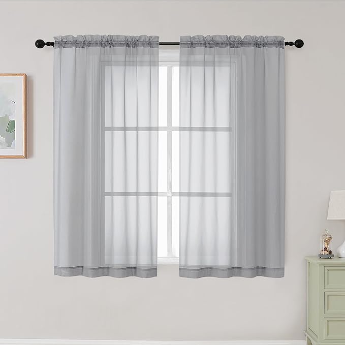 Light Grey Sheer Curtains for Bedroom Living Room 45 Inch Length 2 Panels, Soft Light Filtering Small Kitchen Window Curtains, Rod Pocket Short Curtain Drapes, Light Grey, 42" Wx45 L Inches
