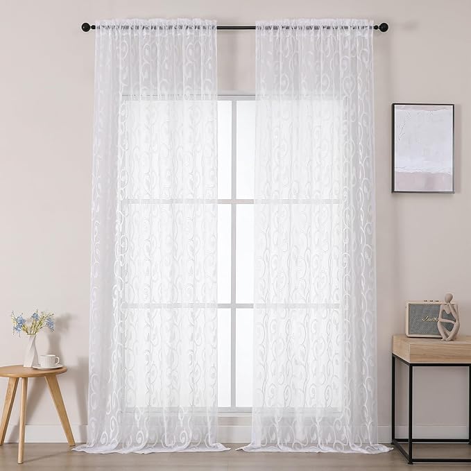OWENIE Furman Extra Long Sheer White Curtains 96 inches Long for Bedroom Living Room 2 Panels Set, Light Filtering Soft Semi Sheer Jacquard Clip Farmhouse Curtains Rod Pocket Design, 52Wx96L inch
