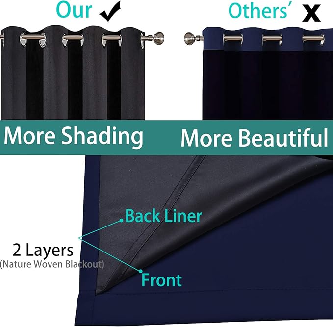 Yakamok Navy Blue 100% Blackout Curtains Energy Saving Thermal Insulated 2 Thick Layers Completely Blackout Drapes with Black Liner for Bedroom (52Wx84L, Navy Blue, 2 Panels)