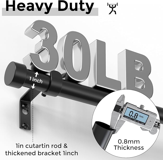 VOIIY Curtain Rods for Windows 18 to 42 Inch(1.5-3.75 Feet),Black 1'' Diameter Drapery Rods with End Cap Style Design,Modern Adjustable Heavy Duty Curtain Rod,Size:18''-42''