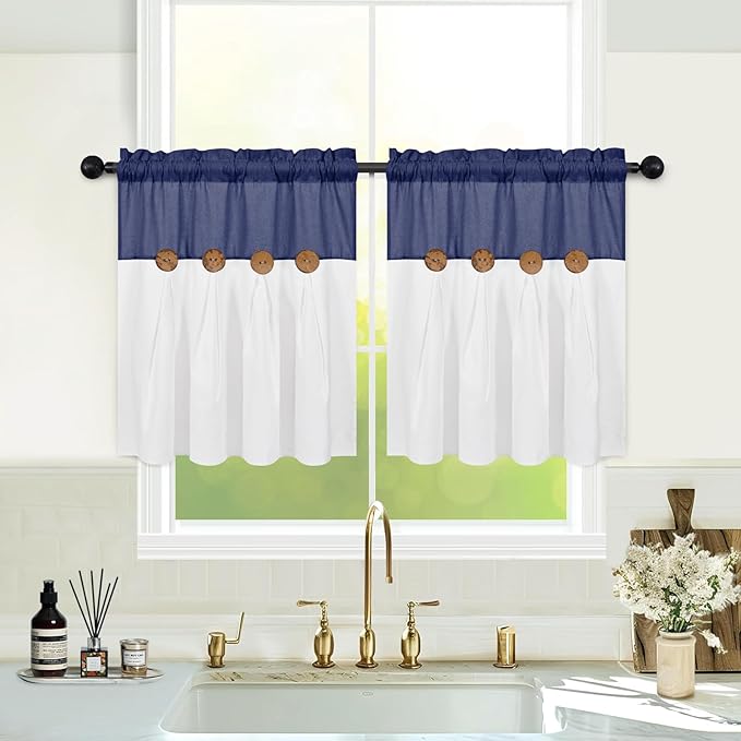 FRAMICS Boho Kitchen Curtains 24 Inch Length, Farmhouse Cotton Linen Tier Curtains, Rustic Button Short Curtain for Windows, Navy Blue Country Cafe Curtain, Rod Pocket Small Window Tiers, 26x24