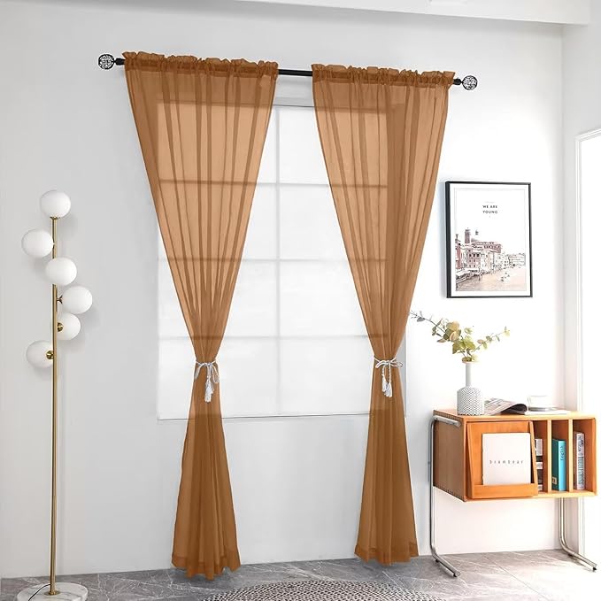 youleyar Solid Sheer Rod Pocket Curtain Voile Draperies 2 Panels White Beige Black Grey Ivory 52 Inch Width 63 Inch Long 1 Pair for Kitchen Bedroom Children Living Room Yard (Light Brown,52Wｘ63L)