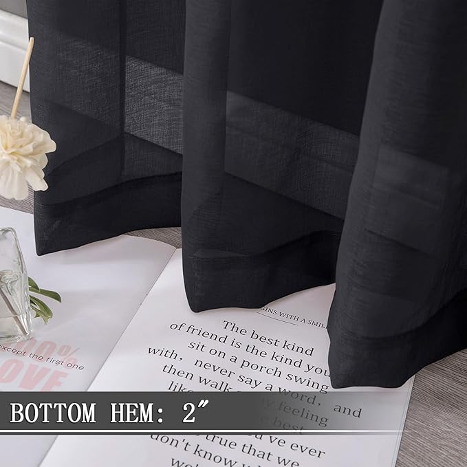 Tollpiz Sheer Curtain Linen Textured Bedroom Curtains Sheer Light Filtering Rod Pocket Voile Curtain for Living Room, 54 x 95 inches Long, Black, Set of 2 Panels