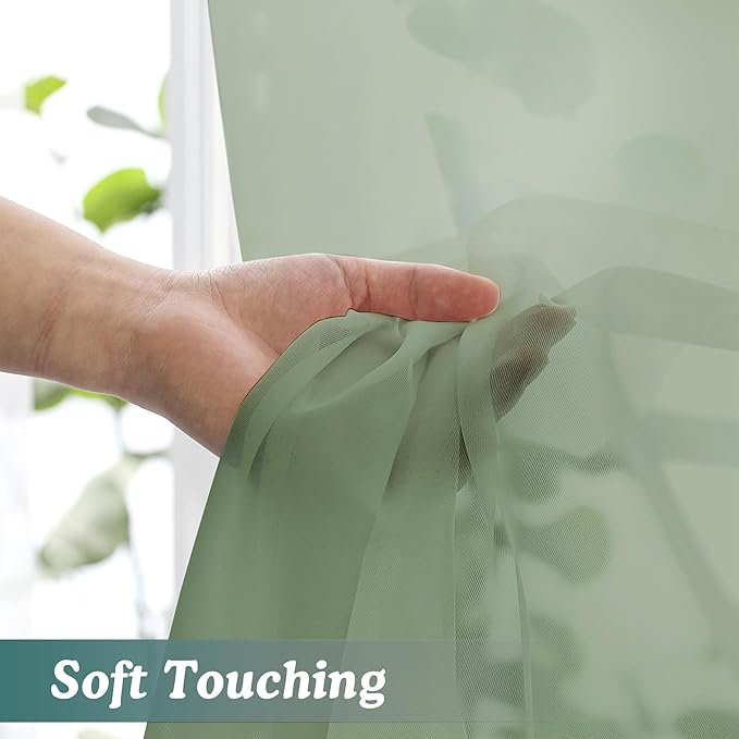 Chyhomenyc Sage Green Sheer Valances for Windows - Light Filtering Small Kitchen Curtains, Rod Pocket Short Top Window Treatment Decor for Living Room Bathroom Basement, 42Wx16L inches, 2 Panels