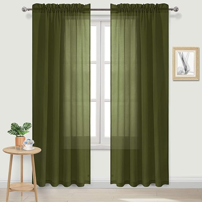 DWCN Olive Green Sheer Curtains Semi Transparent Voile Rod Pocket Curtains for Bedroom and Living Room, 52 x 84 inches Long, Set of 2 Panels