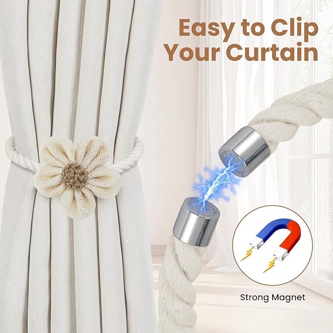 KLOGTSIND Magnetic Curtain Tiebacks, 2 Pack Flower Curtain Holdbacks for Draperies, Elegant Curtain Tie Backs for Boho Bedroom Decor, Toddler Girl Room Decor, Baby Nursery Decor