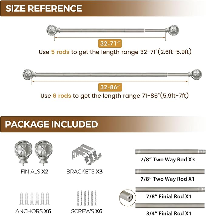 KAMANINA Curtain Rods for Windows 48 to 84 Inch, Antique Silver Heavy Duty Curtain Rod Adjustable, 7/8 Inch Single Decorative Drapery Rod 32 to 86 Inch(2.6-7.1Ft), Netted Texture End
