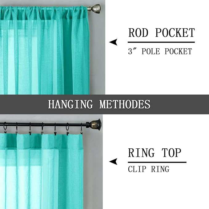 Tollpiz Sheer Tier Curtains Kitchen Linen Textured Half Curtain Sheers Light Filtering Rod Pocket Voile Bathroom Short Curtains for Farmhouse, 25 x 30 inches Long, Aqua Blue, Set of 2 Panels