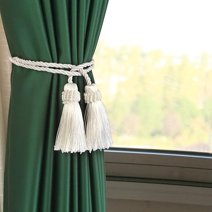 Fenghuangwu Curtain Tiebacks Handmade Decorative Curtain Holdbacks Rope with Tassel (White, 2P)