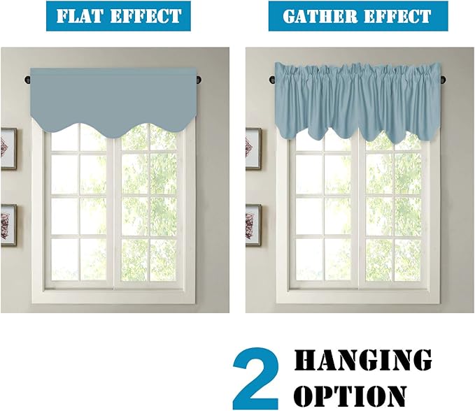 H.VERSAILTEX 4 Panels Blackout Curtain Valances for Kitchen Windows/Living Room/Bathroom Privacy Protection Rod Pocket Decoration Scalloped Window Valance Curtains, 52" W x 18" L, Stone Blue