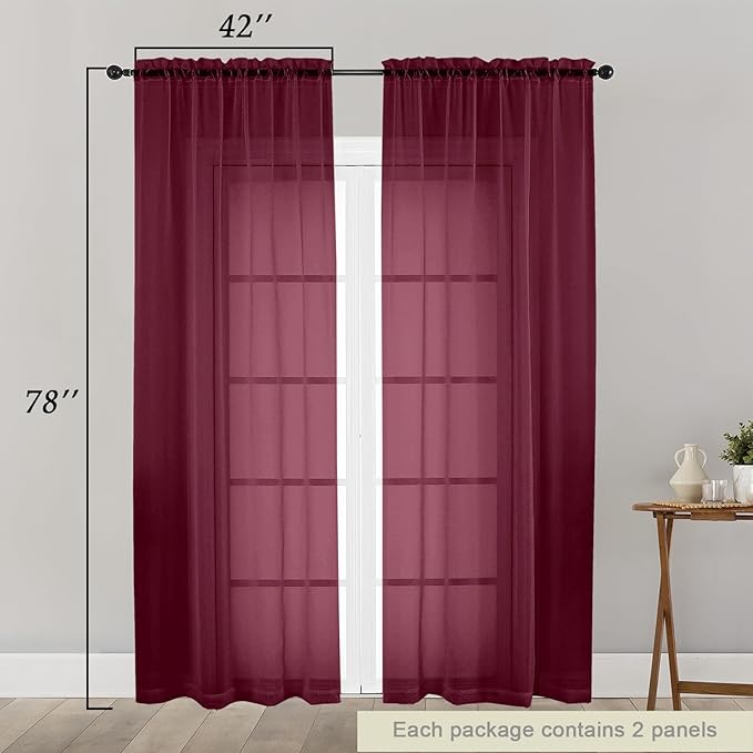 Burgundy Sheer Curtain for Bedroom Living Room 78 Inches Long 2 Panels Set, Solid Soft Airy Light Filtering Sheer Window Curtains, Modern Rod Pocket Door Curtain, Burgundy, 42" Wx78 L Inches