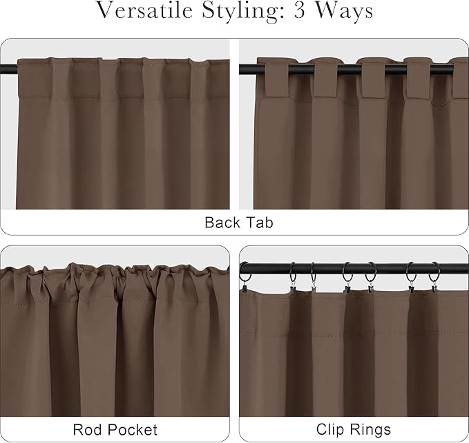 PONY DANCE Decorative Window Drapes - Blackout Thermal Insulated Curtain Draperies Home Decoration Back Tab/Rod Pocket Blackout Curtain Panels for Bedroom, 42-inch by 63-inch, Mocha, Set of 2