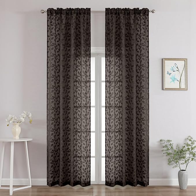 Chyhomenyc Chocolate Sheer Curtains 96 Inch Length 2 Panels Set, Light Filtering Tufted Textured Soft Airy Rod Pocket Gentle Leaf Window Treatment Drapes for Bedroom Living Room, 42" Wx96 L, 2PCS