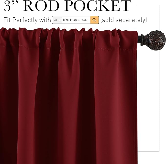 RYB HOME Small Window Curtains - Room Darkening Windows Coverings Light Block Energy Efficiency Solid Drapes for Bedroom Kitchen Dining Kids Nursery Cafe, W 42 x L 45, Burgundy Red, 2 Panels