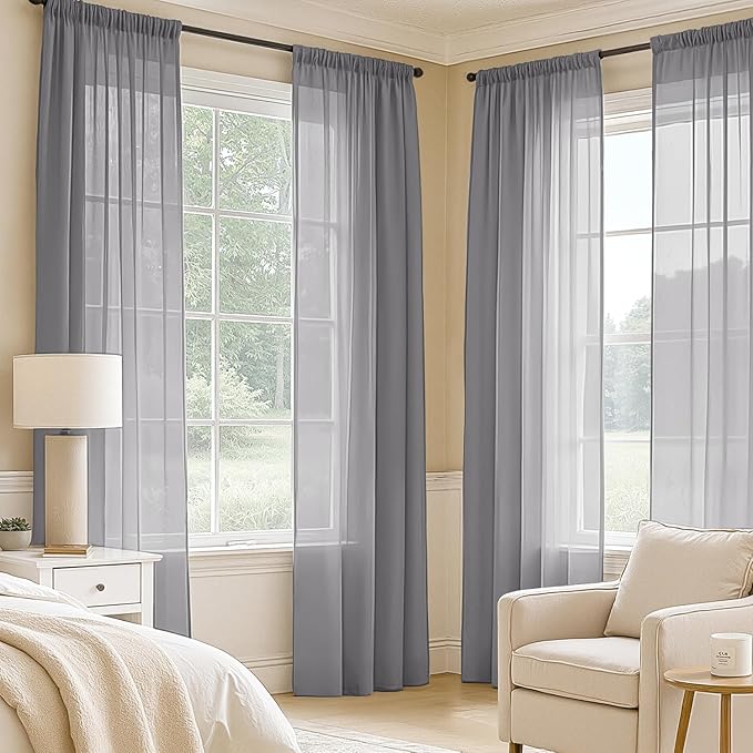 MIULEE Dark Grey Sheer Curtains 84 Inches Long, 4 Panels Set, Rod Pocket Light Filtering Window Drapes for Bedroom and Living Room, Elegant Airy Fabric, 54 x 84 Inches
