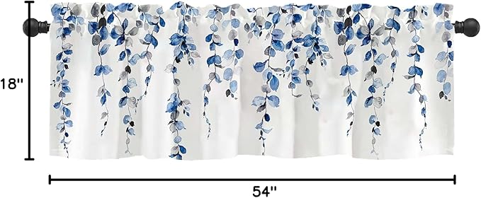 Watercolor Blue Leaves Window Valance for Bedroom Living Room, Grey Leaf Vine Plant Curtains Valanes for Windows, 3" Rod Pocket Window Treatment for Season Home Decorations, 54 x 18 Inch, 1 Panel