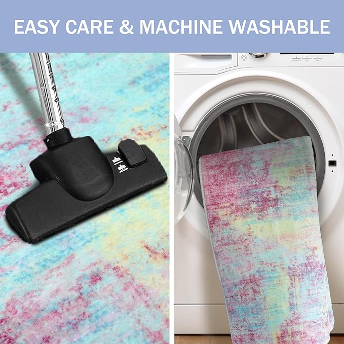 IOHOUZE Abstract Runner Rug 2x10 Ft Washable Runners for Hallways, Non Slip Kitchen Runner Printed Faux Wool Entryway Runner Indoor, Modern Abstract Floor Carpet for Hall Kitchen, Pink Teal