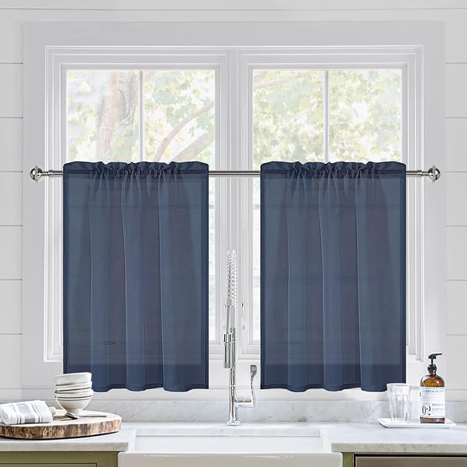 DWCN Navy Blue Sheer Curtains for Kitchen Windows - Rod Pocket Semi Transparent Voile Tier Curtains for Bedroom, Living Room, Farmhouse, 36 x 36 inches Long, Set of 2 Panels