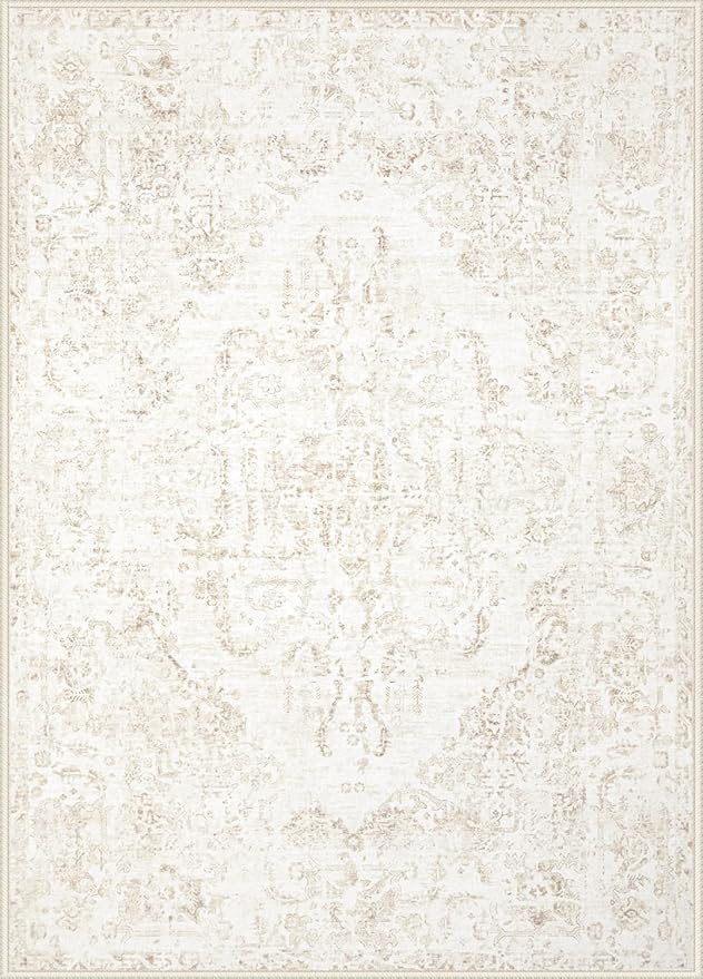 9x12 Area Rugs for Living Room:Washable Rug Vintage Large Rugs Soft Non Slip Low Pile Rug Floral Distressed Floor Carpet for Bedroom Dining Room Home Office (Beige,9'x12')