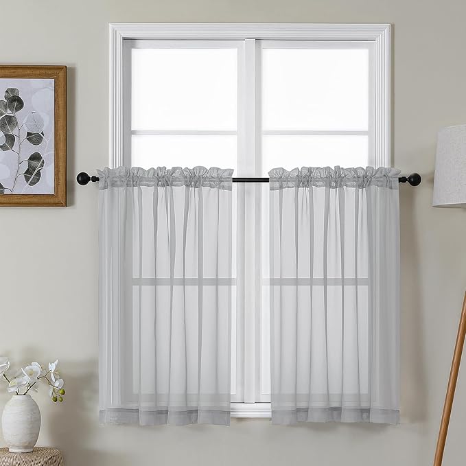 Gwine Light Grey Sheer Curtains for Living Room 45 inches Long, Short Voile Light Filtering Window Treatments Sheer Curtains for Bedroom, Half Window Drapes with Rod Pocket, Each 42" Wx45 L