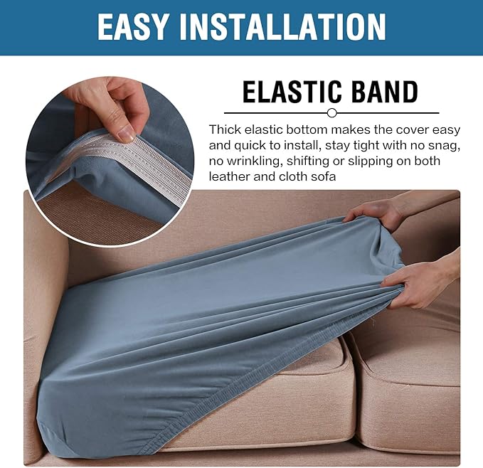 H.VERSAILTEX Velvet Stretch Couch Cushion Cover Plush Cushion Slipcover for Chair Loveseat Sofa Cushion Furniture Protector Seat Cushion Sofa Cover (2 Piece Medium Sofa Cushion Covers, Stone Blue)