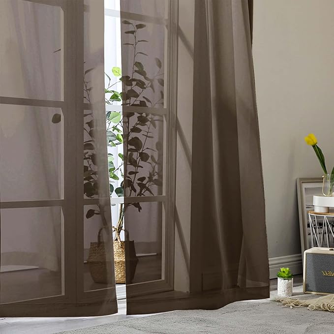 Chocolate Sheer Curtains for Bedroom Living Room 45 Inch Length 2 Panels, Soft Light Filtering Small Kitchen Window Curtains, Rod Pocket Short Curtain Drapes, Chocolate, 42" Wx45 L Inches