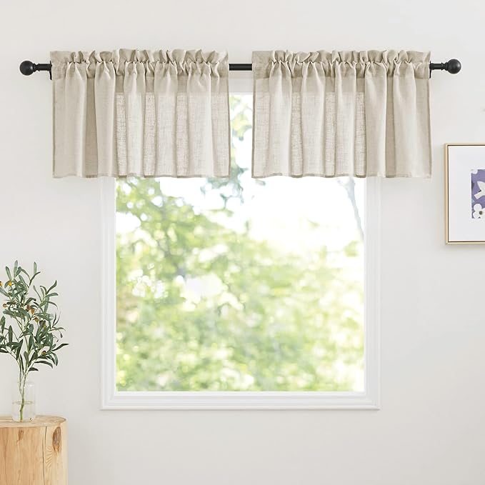 RYB HOME Sheer Valances Window Topper Curtains Linen Textured Sheer Curtains Short Drapes Small Window Decor for Bedroom Kitchen Cabinet, Angora, 52 inch Width x 18 inch Length, 2 Panels