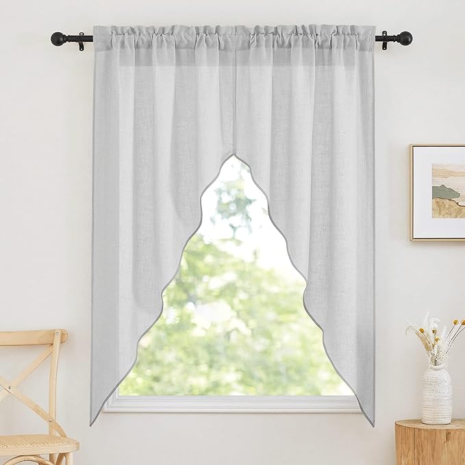 RYB HOME Half Window Swag Curtains, Linen Texture Wave Fabric Semi Sheer Valance for Light Filtering Country Curtains Privacy Room Decor, 36 x 63 inches Long, 2 Panels, Dove Grey