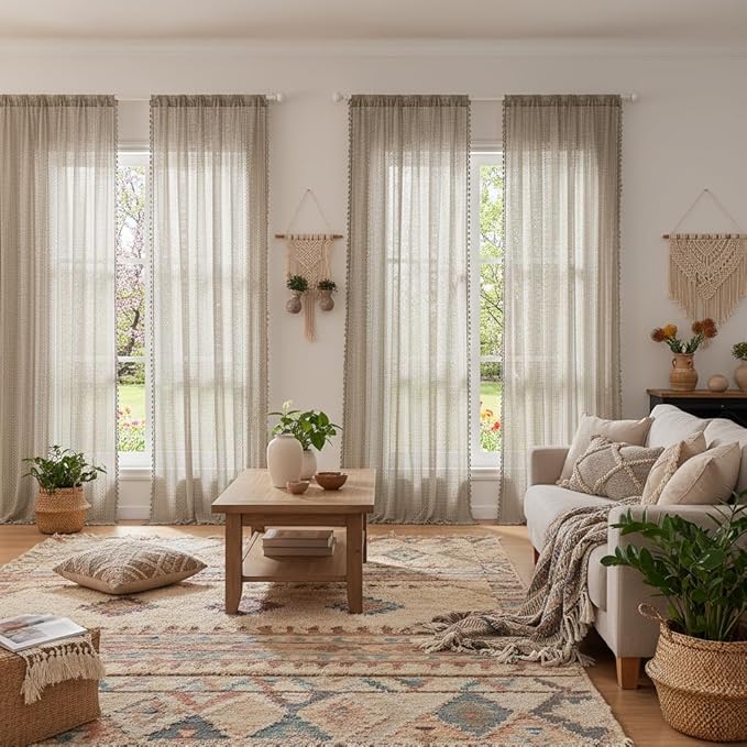 WAZZIO Boho Lace Curtains 84 Inches 2 Panel,Light Filtering Privacy Tassel & Geometry Crochet Semi Sheer Curtain Drapes for Bedroom Living Dining Room,Rod Pocket & Tassel,Earthy Color Taupe