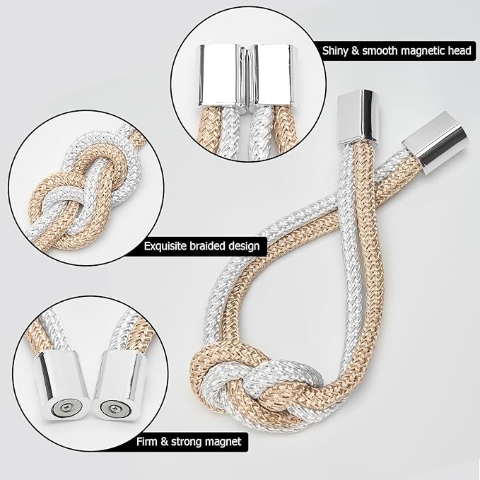 NICEEC 2 Pack Mini Magnetic Curtain Tiebacks Nordic Simple Style Drape Tie Backs Elegant Hand Weave Rope Knot Decorative Curtain Holdbacks for Home & Office Thin Window Drapery (Beige & White)