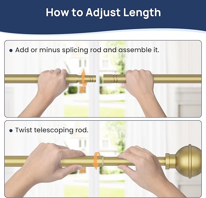 ENJOYBASICS No Drill Curtain Rods for Window 28 to 47 Inches, 5/8 Inch Diameter Renter Friendly Drapery Rod with Adhesive Brackets without Drilling, Adjustable from 27 to 52 Inches, Gold