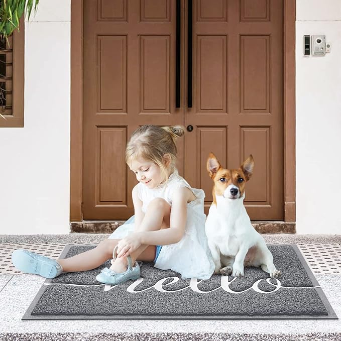 CozyBounty Door Mat Hello Mats Outdoor Indoor Non-Slip Doormat for Entryway Low-Profile Floor Mat for Yard, Garage, High Traffic Areas (30"x17.5", Grey)
