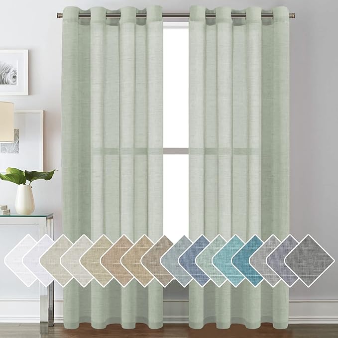H.VERSAILTEX Linen Curtains Natural Linen Blended Curtain Panels for Living Room/Light Reducing Linen Semi Sheer Curtains 84 inch Length 2 Panels Set Nickel Grommet Window Panels, Sage