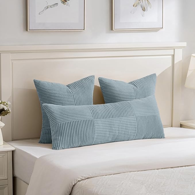 Fancy Homi Set of 2 Light Blue Euro Decorative Throw Pillow Covers 28x28 Inch for Bedroom Couch Bed, Farmhouse Boho Home Decor, Soft Cross Corduroy Patchwork Textured Square Cushion Case 71x71 cm