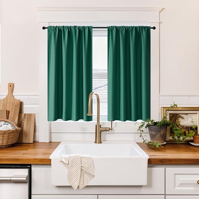 RYB HOME 100% Blackout Basement Curtains 36 inches Long, Heat & UV Blocking Total Room Darkening Noise Reducing Curtains for Bathroom RV Campers, Dark Green, 2 Panels Set