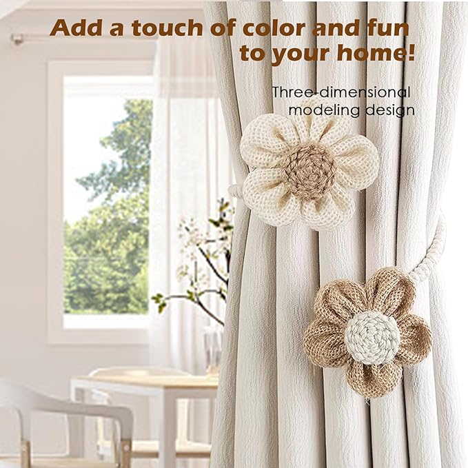 SRG Rope Curtain Tiebacks 2 Pack | Sunflower Curtain Tieback Boho | Simple Elegant DIY Curtain Holdbacks | Accessories Wall Decoration for Home Office | Cream&Khaki