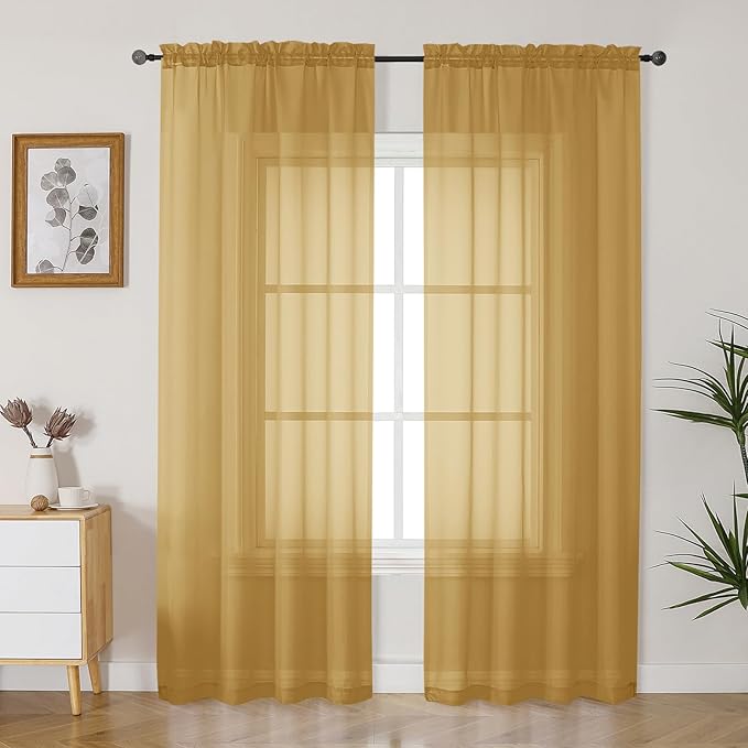Gwine Gold Sheer Curtains 90 Inches Long 2 Panels Set, Light Filtering Solid Filmy Drapes for Living Room Bedroom, Elegant Soft Rod Pocket Voile Sheer Window Curtains, 42Wx90L Inch, 2PCS, Gold