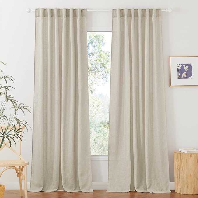 RYB HOME Semi Sheer Curtains for Sliding Glass Door, Linen Texture Farmhouse Country Curtains Brighten Living Space Office Sitting Area Bedroom, Angora, W 52 inch x L 90 inch, 2 Pcs