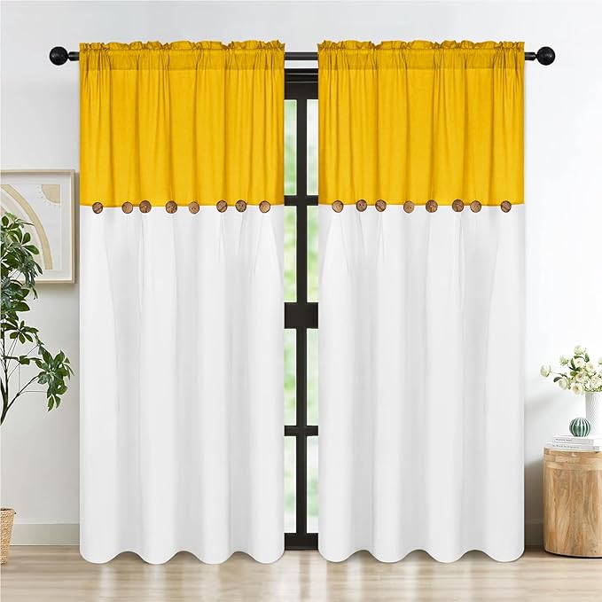 FRAMICS Farmhouse Cotton Linen Curtains for Living Room, Rustic Button Curtains 84 Inch Length 2 Panels, Boho Country Linen Window Curtain for Bedroom Rod Pocket Drapes, 52 x 84 Inch, Yellow and White
