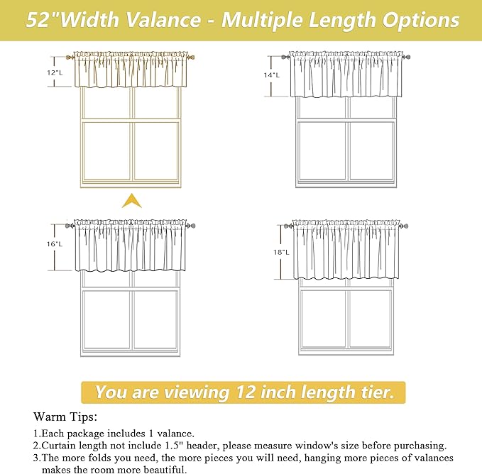 Valances for Windows, Light Filtering Faux Linen Textured Small Short Valance Curtains for Bathroom Basement Farmhouse, Rod Pocket Top Half Curtains for Windows, White 52Wx12L Inch