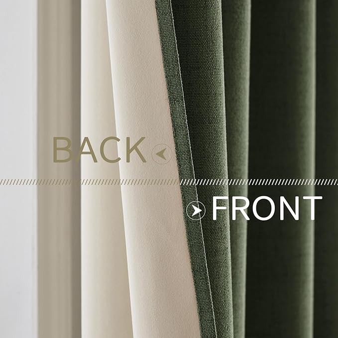 MIULEE 100% Blackout Linen Textured Curtains for Bedroom Solid Thermal Insulated Olive Green Grommet Room Darkening Curtains & Drapes Luxury Decor for Living Room Nursery 42 x 84 Inch (2 Panels)