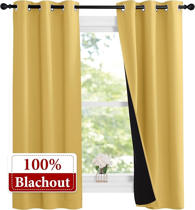 NICETOWN 100% Blackout Short Curtains with Black Liners, Thermal Insulated Full Blackout 2-Layer Lined Drapes, Energy Efficiency Window Draperies for Bedroom (2 Panels, 37" W by 63" L, Bright Yellow)