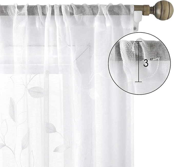 HOMEIDEAS White Sheer Curtains 52 X 63 Inches Length 2 Panels Embroidered Leaf Pattern Pocket Faux Linen Floral Semi Sheer Voile Window Curtains/Drapes for Bedroom Living Room