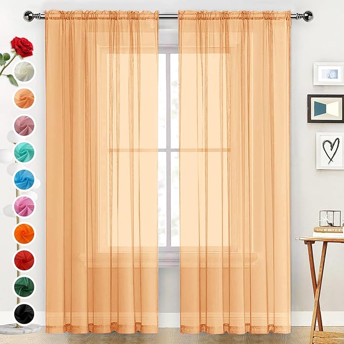 SpaceDresser Sheer Voile Window Treatment Rod Pocket Curtain Panels for Kitchen Bedroom Living Room Drapes Sunlight Filtering Privacy Semi Home Decor Assorted (Beige, 52 W x 54 L)
