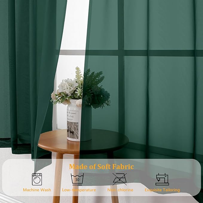 Gwine Hunter Green Sheer Kitchen Curtains 36 Inch Length, Light Filtering Voile Soft Airy Small Cafe Curtains, Short Window Curtain for Bathroom Basement, 42x36 inch, 2PCS
