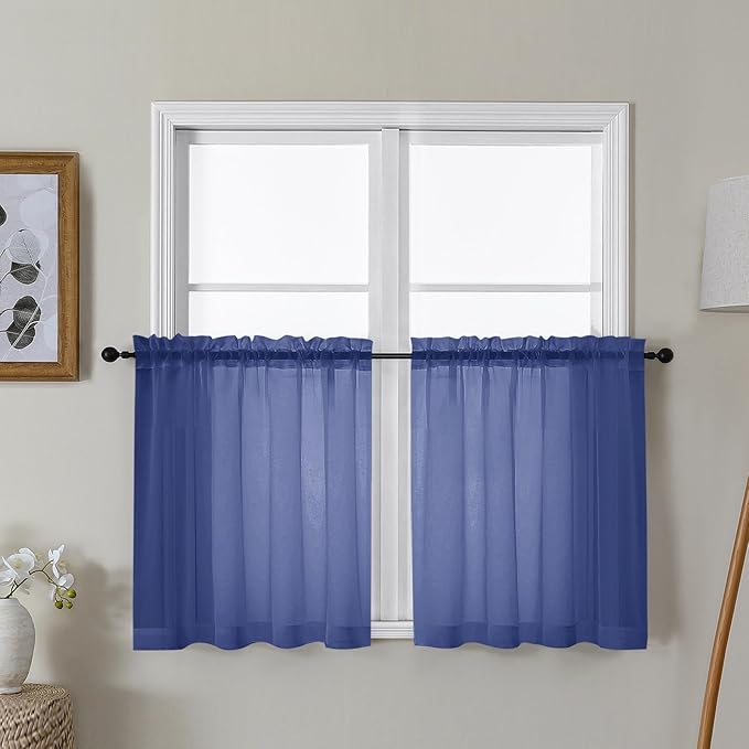 Gwine Royal Blue Sheer Curtain Tiers 24 Inch Length, Light Filtering Voile Short Curtain for Living Room Bedroom, Rod Pocket Cafe Curtains for Small Windows 42x24 Inch, 2PCS
