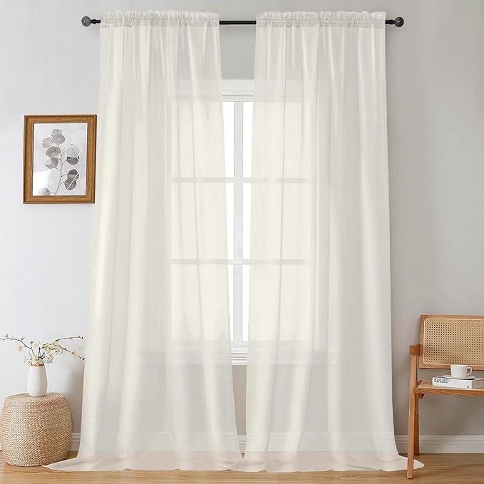 Gwine Ivory Sheer Curtains 108 Inches Long 2 Panels Set, Voile Light Filtering Window Treatment Drapes for Living Room Bedroom Canopy, Each 42Wx108L inches, 9 Ft, Ivory
