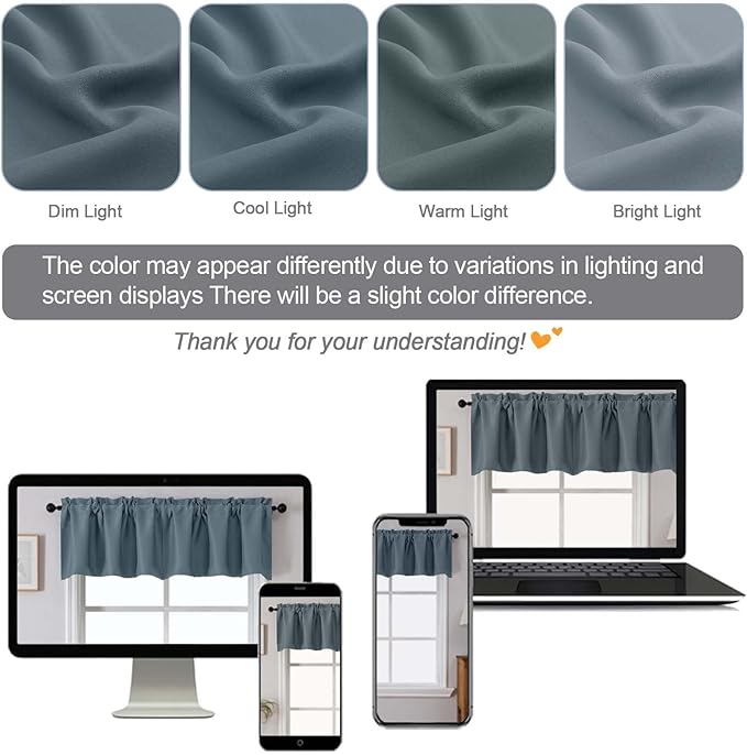 Chyhomenyc Stone Blue Valances for Window, Room Darkening Short Curtains for Kitchen Bedroom Living Room, Rod Pocket Top Small Window Treatment Valance RV Bunk Panels, 40" Wx14 L, 2 Pieces
