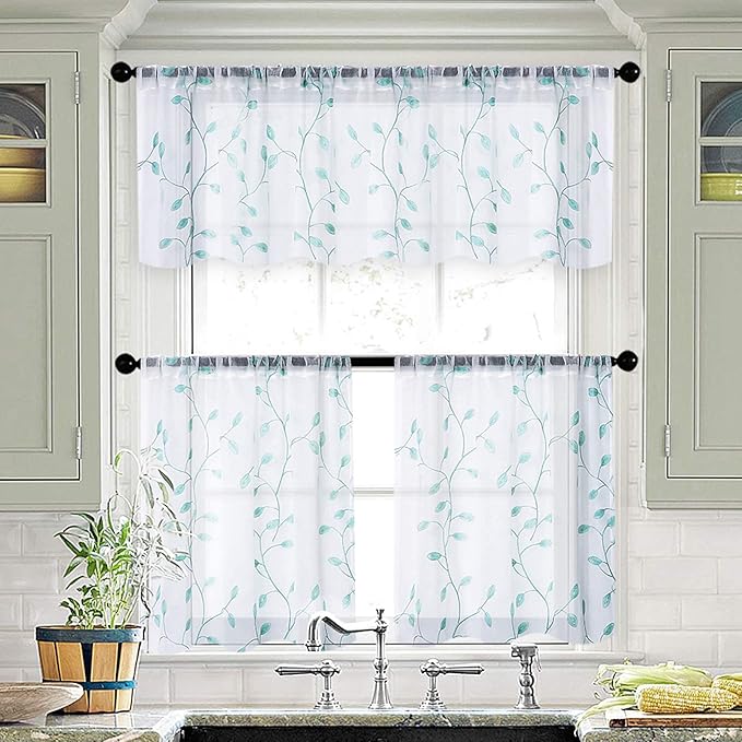 MRTREES Sheer Christmas Curtain Valance, 2 Panels Leaves Embroidered Small Valances Curtains 54x16 Inches, Rod Pocket Short Window Treatment Toppers for Living Room Bedroom Kitchen(Aqua Blue Leaves)